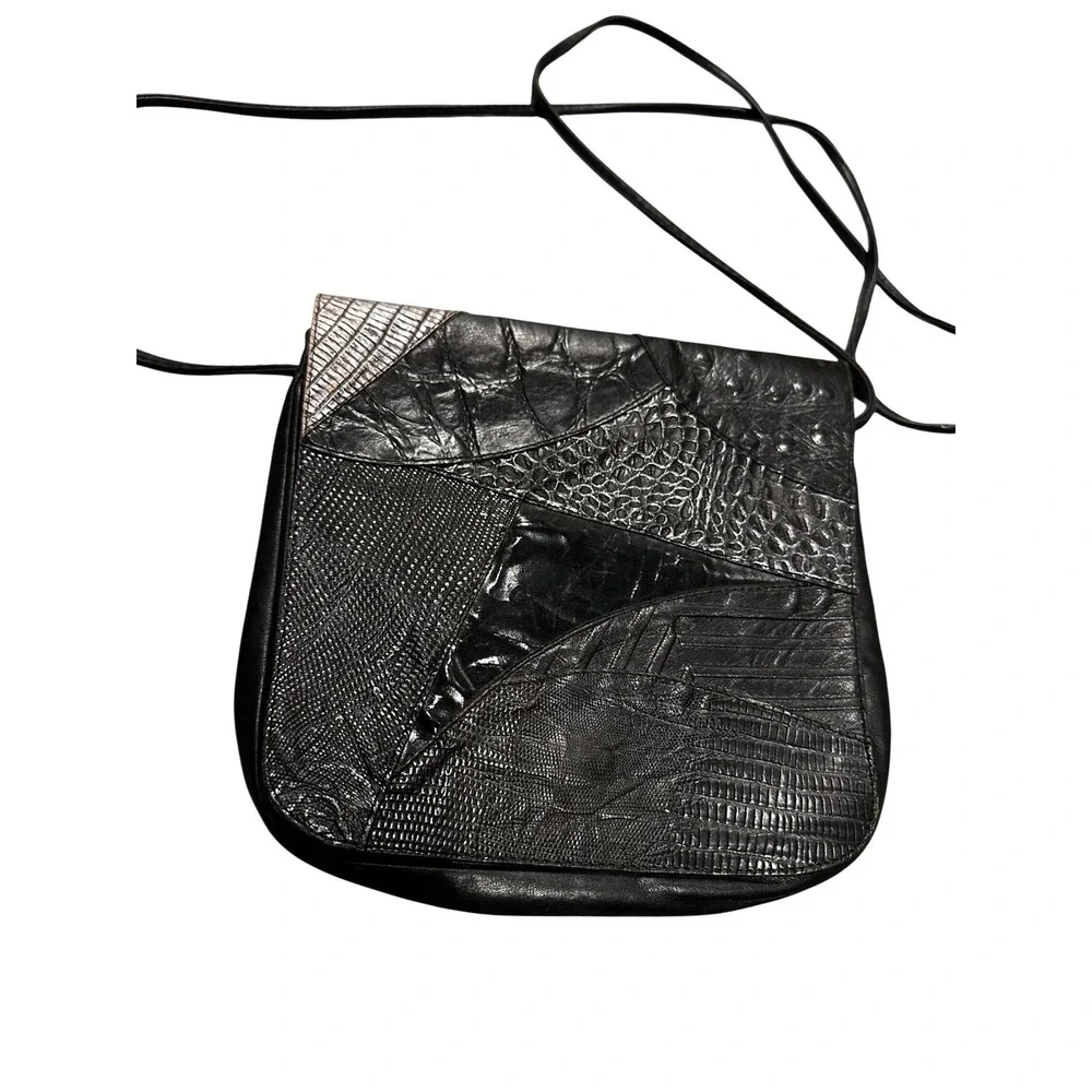 Vintage Black Patchwork Exotic Embossed‎ Leather Crossbody Bag Small Purse